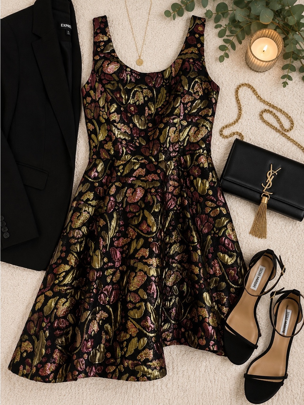 Free People Metallic Floral Fit & Flare Mini Dress in Black, Gold & Pink